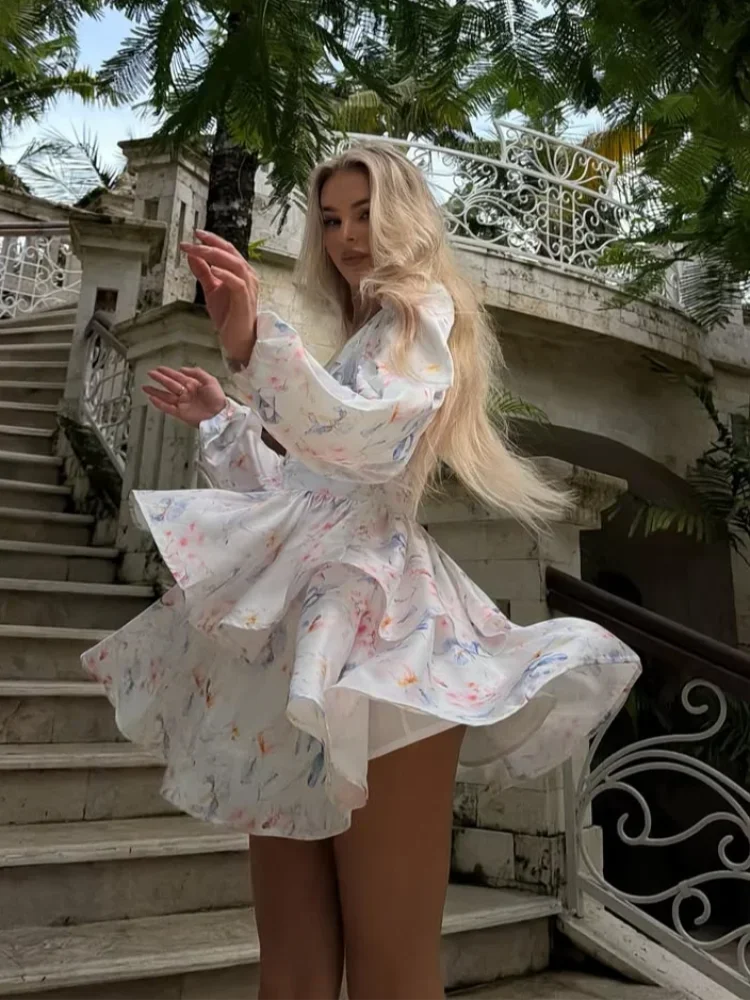 Floral Print Long Sleeve Women's Dress V Neck Puff Long Sleeve Wrap Waist Tiered Ruffle Mini Dresses Wedding Party Summer Robes