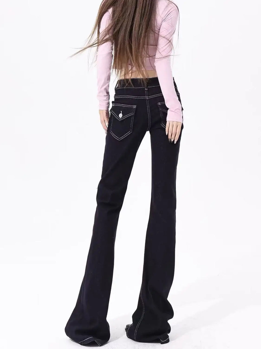 Y2K Women Low Waist Micro Flare Jeans Black Contrast Stitch Denim Pants Double Button Slim Retro Streetwear Bootcut Trousers
