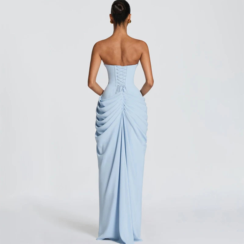 Elegant Solid Strapless Pleated Dress Women Chic Sleeveless Waist Cinching Split Maxi Vestidos 2026 Lady Evening Party Dresses