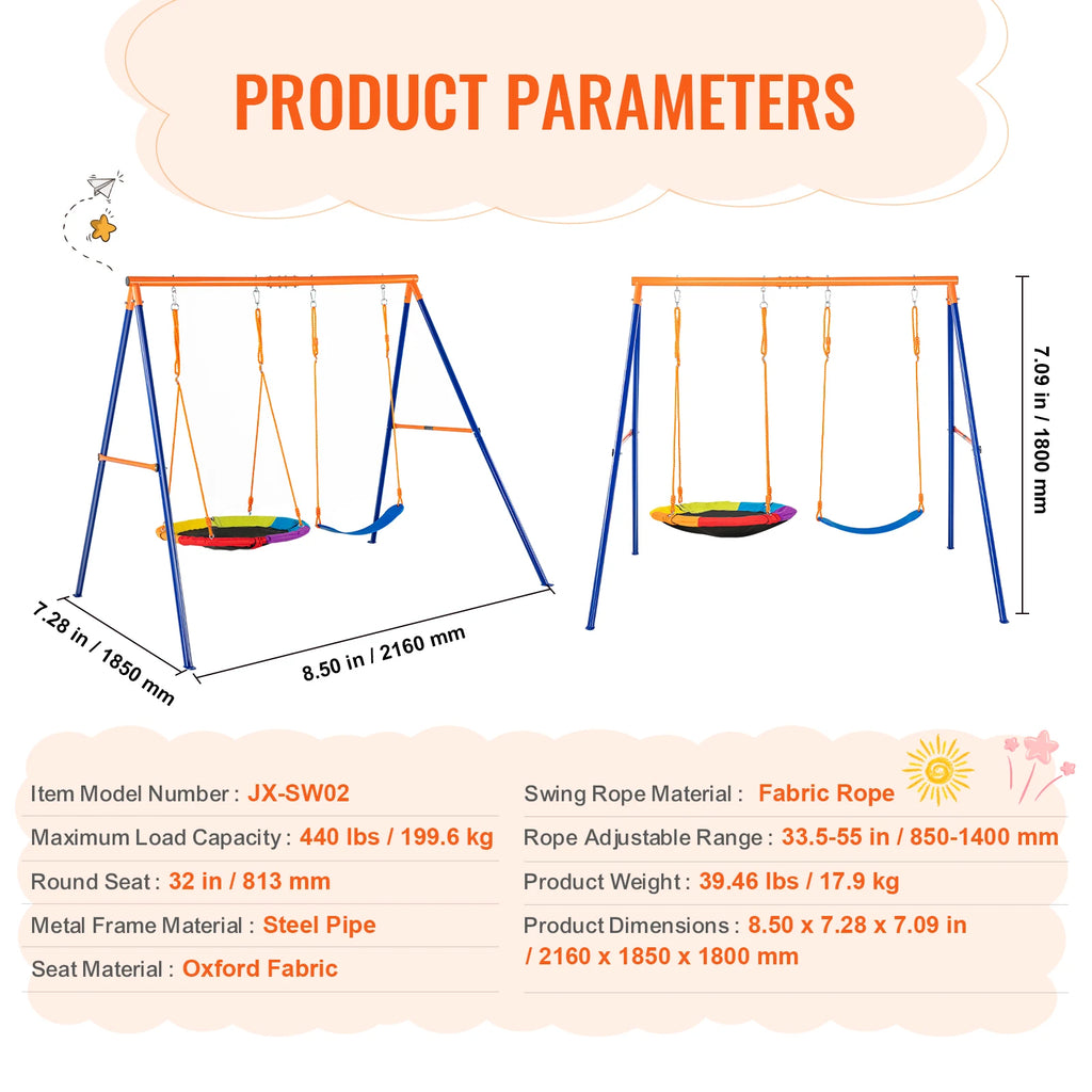 SucceBuy Swing Sets for Backyard 600lbs Capacity Swing Set with 1 Saucer Swing Seat 2 Belt Swing Seats Swingset Outdoor for Kids