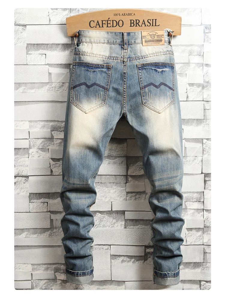 Distressed Ripped Jeans Men's Retro Blue Fashion Slim Motorcycle Trousers Male Hip-hop Street Male Hole Denim Pants