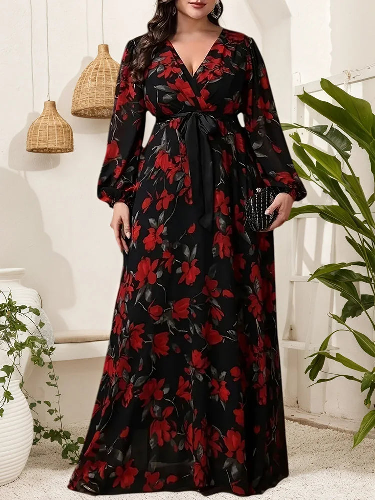 GIBSIE Plus Size Floral Print V-Neck Belted Dress Women Spring and Autumn Bohemian Vacation Long Sleeve Elegant Maxi Dresses