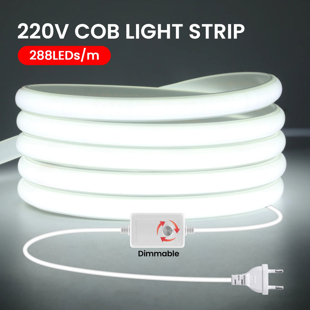 1-20M 220V COB LED Strip 288LEDs/m Outdoor IP65 Waterproof Switch/Dimmable LED Tape Ribbon Neon Lights For Kitchen Room 10 Color