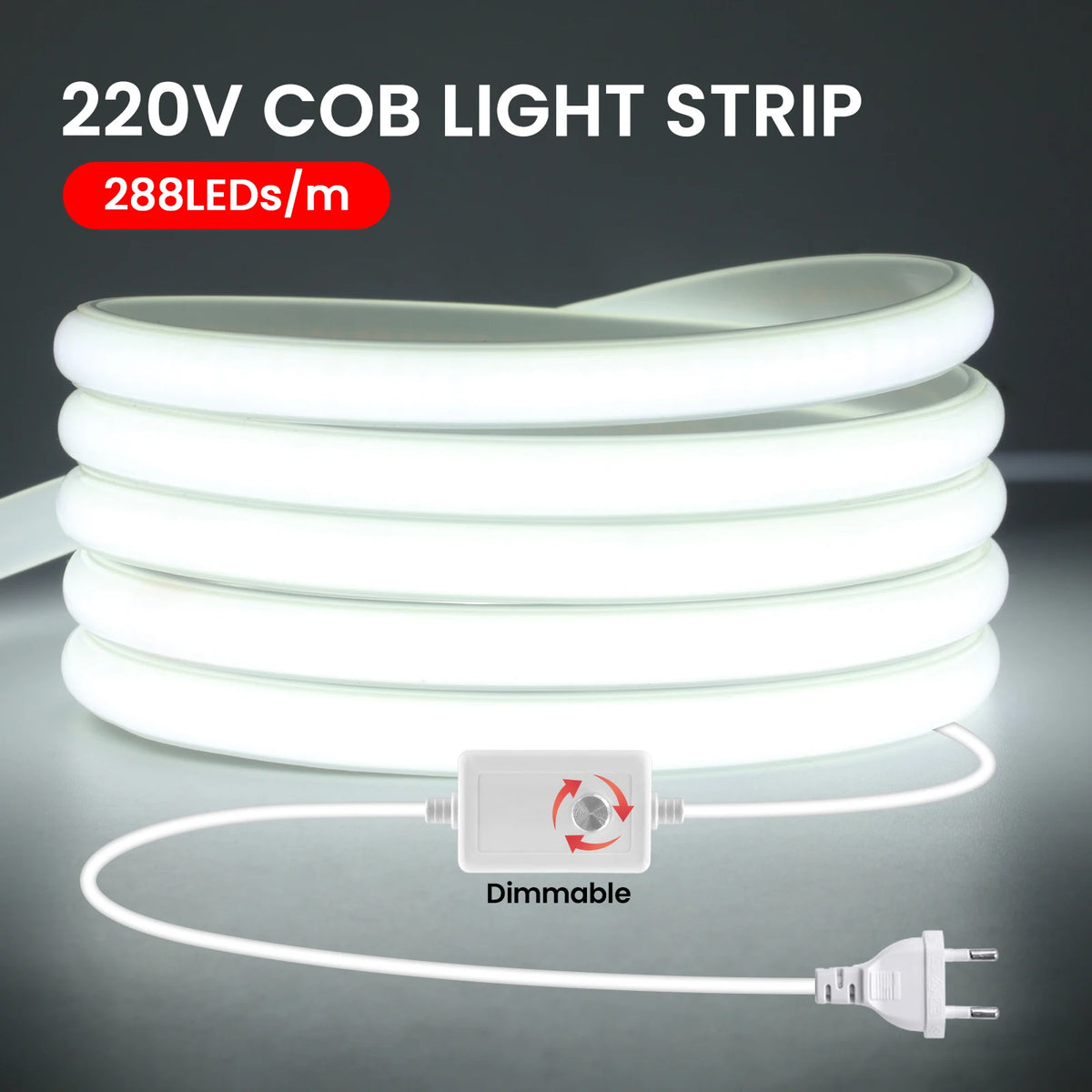 1-20M 220V COB LED Strip 288LEDs/m Outdoor IP65 Waterproof Switch/Dimmable LED Tape Ribbon Neon Lights For Kitchen Room 10 Color