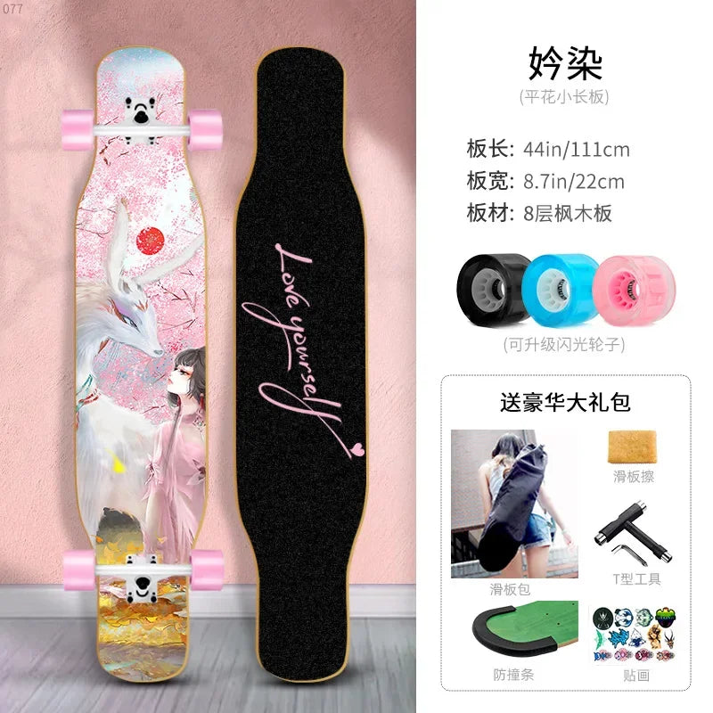 Longboard Beginner Boys and Girls Adult Professional Double Dancing Board 44in Teen Maple Quad