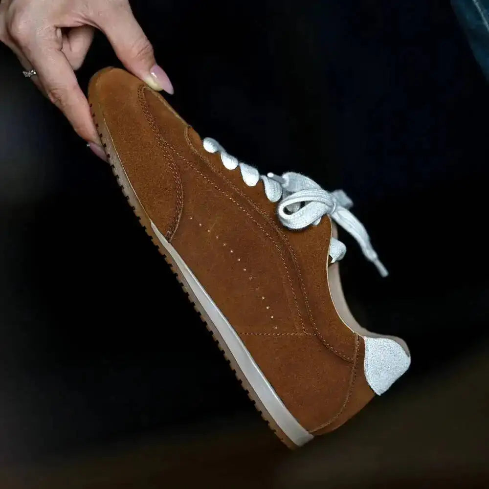 Genuine Leather Brown Suede Flat Loafers Shoes Woman Lace Up Leisure Wome Shoes Autumn Casual Comfort Vacation Lovers Shoes