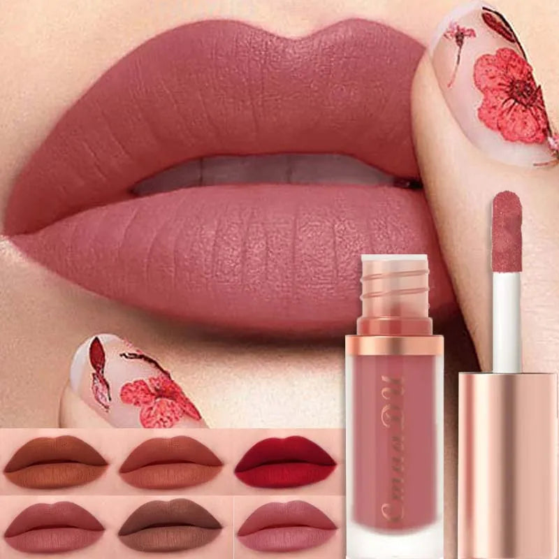 12 Colors Matte Velvet Lip Glaze Waterproof Liquid Lipstick Nude Brown Moisturizing Long Lasting Non-stick Cup Lip Gloss Makeup