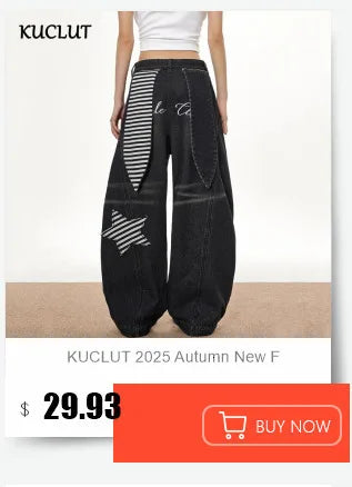 KUCLUT 2025 Autumn Winter Fashion Niche Design Print Contrast Color Loose Jeans For Women Straight Wide-leg Denim Pant 1A1517