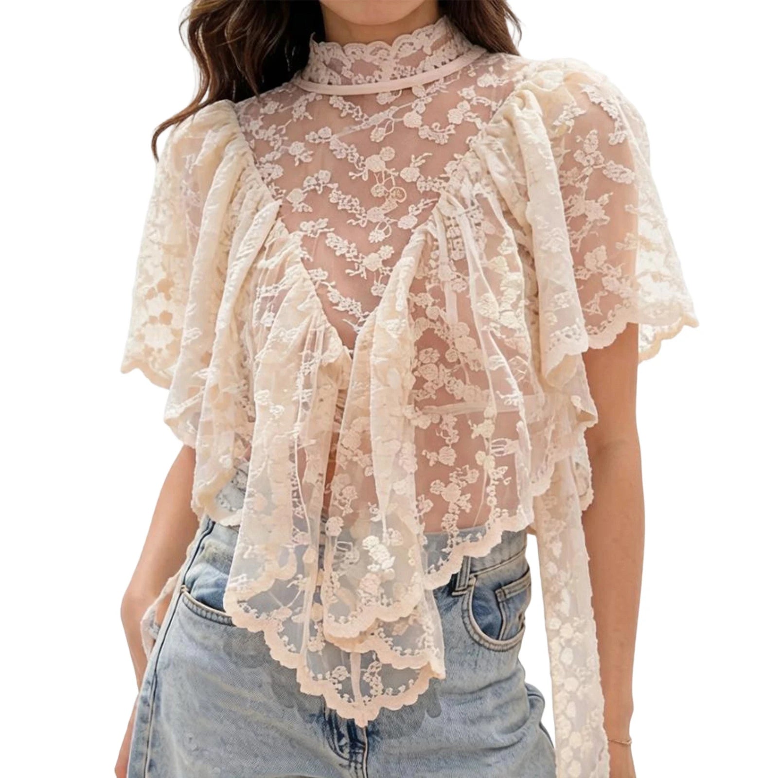 Women Summer Kawaii Grunge Lace Floral Embroidery T-Shirts Coquette Sexy Sheer Irregular Ruffles Flutter Sleeve Loose Shirts Top