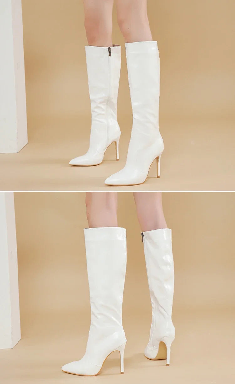 Women's Fashion Elegant Pointed Thin Heel Knee High Long Boots2024 Spring/Autumn PU Panel Side Zipper Boots Western35-42