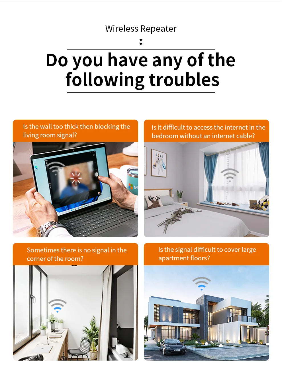 COMFAST 300Mbps WiFi Repeater Signal Booster 2.4GHz Wireless Internet Amplifier Long Range Extender with 4 Antennas for Home Off
