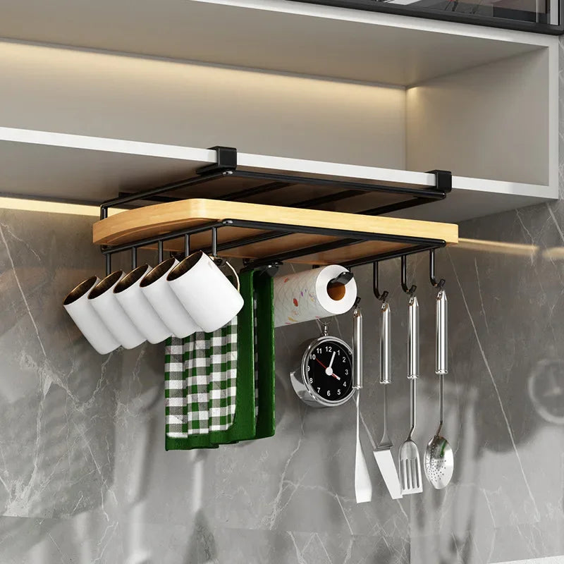 Kitchen Hanging Organizer Rack with Hooks Under Cupboard Paper Towel Rags Hanger Cutting Board Pot Cover Holder Storage Shelf