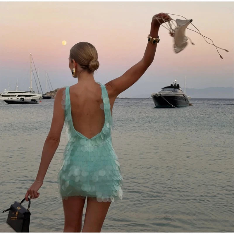 Fashion Sequin Mini Dress Women Sexy O-neck Sleeveless Backless Waist-cinching Slim Dresses 2026 Summer Lady Vacation Robe