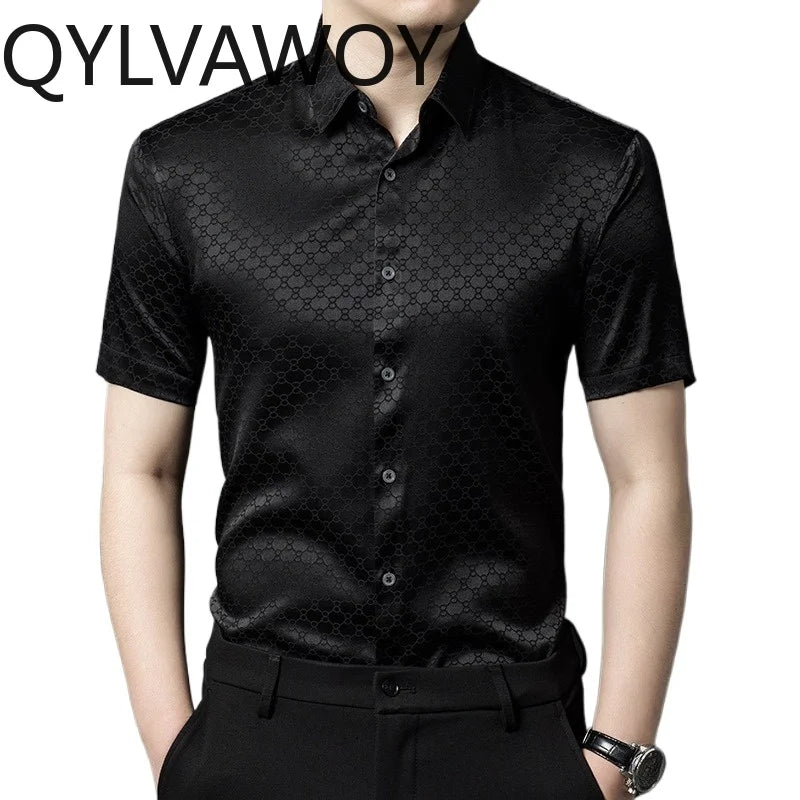 QYLVAWOY New Men's Shirts Summer Tops 92% Real Mulberry Silk Shirts Lapel Short Sleeve Stylish Clothes for Man Business Casual
