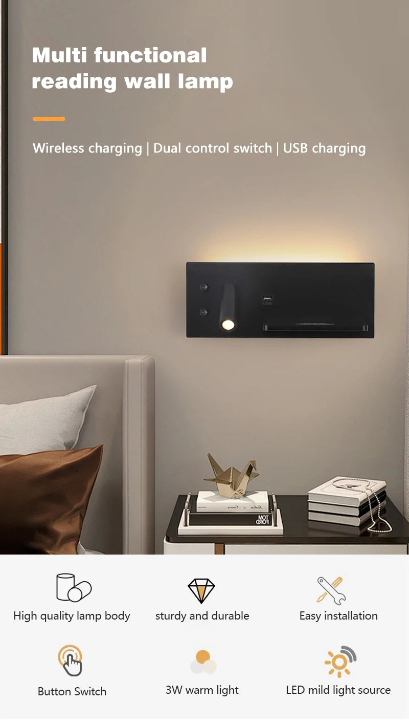 Multi functional wall lamp with switch, USB interface, LED mobile phone wireless charger, reading wall lamp, bedroom night light