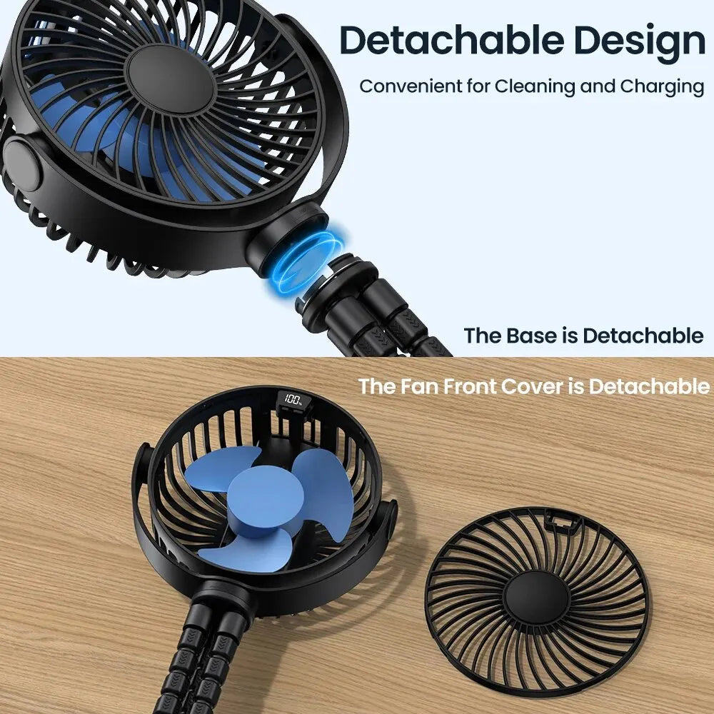 5000mah Stroller Portable Mini Fan USB Rechargeable Outdoor Electric Fan 4 Gear Speed 360°Degree Rotata & Digital Display