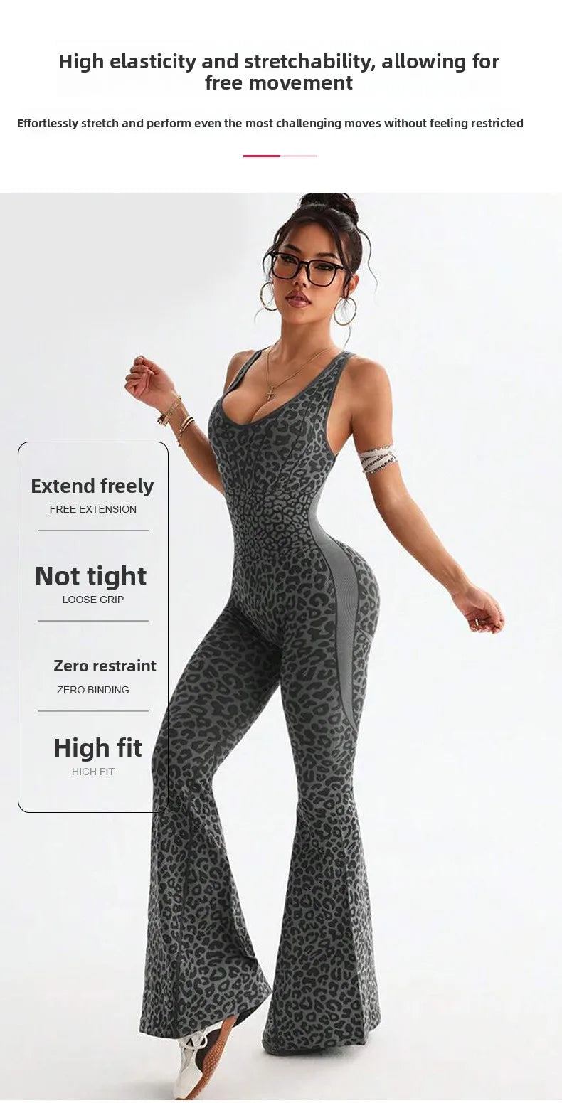 New Leopard Print Bodysuit Women Seamless Flared Pants Jumpsuits Sexy One-piece Fitness Suit Cross Back Stretchy Yoga Jumpsuits