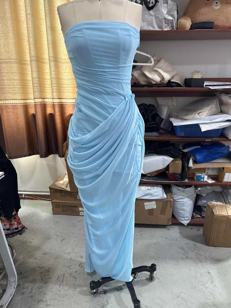 Sexy Women Solid Pleated Strapless Chic Dress Lady V-neck Off-shoulder Backless High Waist Split Vestido 2026 Evening Party Gown