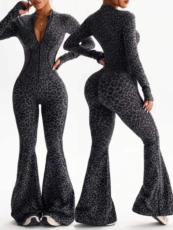 Sexy Hip-wrapped Yoga Suit Spice Deep V-neck Zipper Fashion Leopard Print Slim-fit One-piece Fitness Yoga Pants Summer 2026