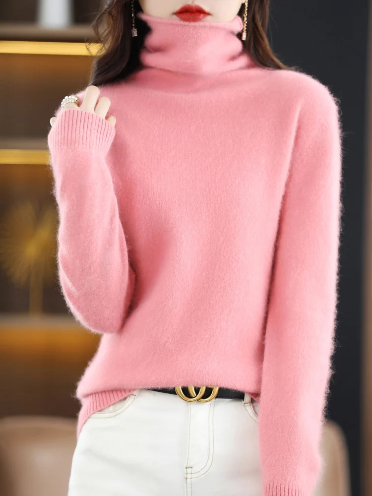 Women's Pile Collar 100% Mink Cashmere Sweater Winter High Collar Knitted Pullover Casual Short Thick Tops Loose Warm Base Shirt