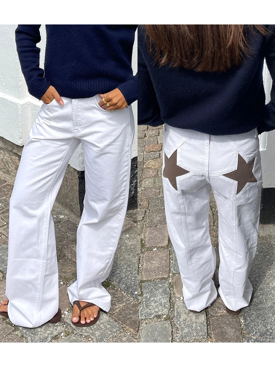 Women's Y2K Vintage Jeans Aesthetic Star Pattern Print Loose Straight Leg Denim Long Pants Casual Low Waist Trousers