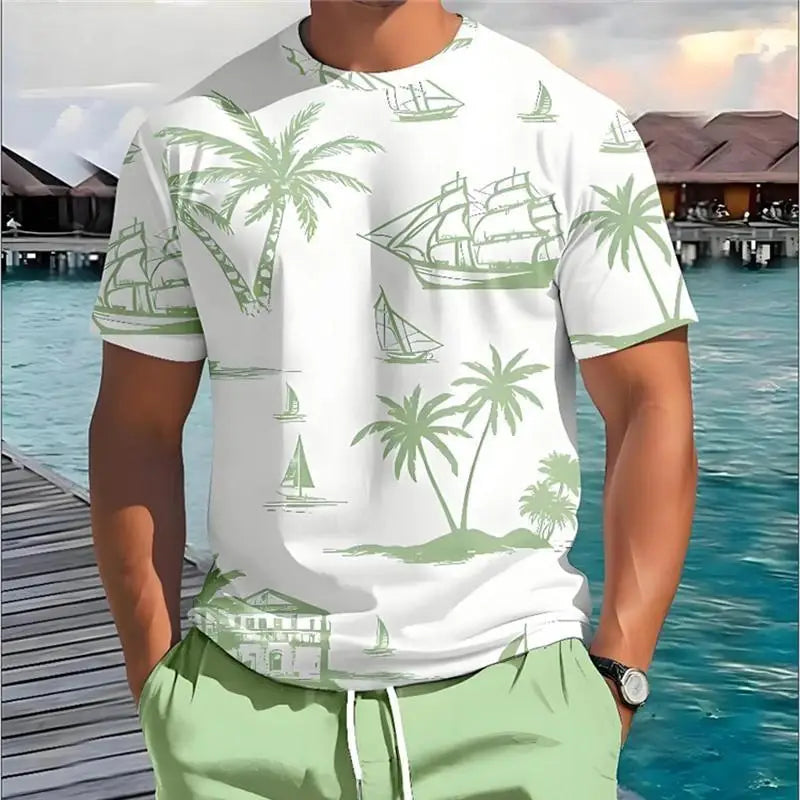 2025 Summer New Men's Short-sleeved Top Palm Tree Print T-shirt Fashion Vacation Beach Casual Pattern