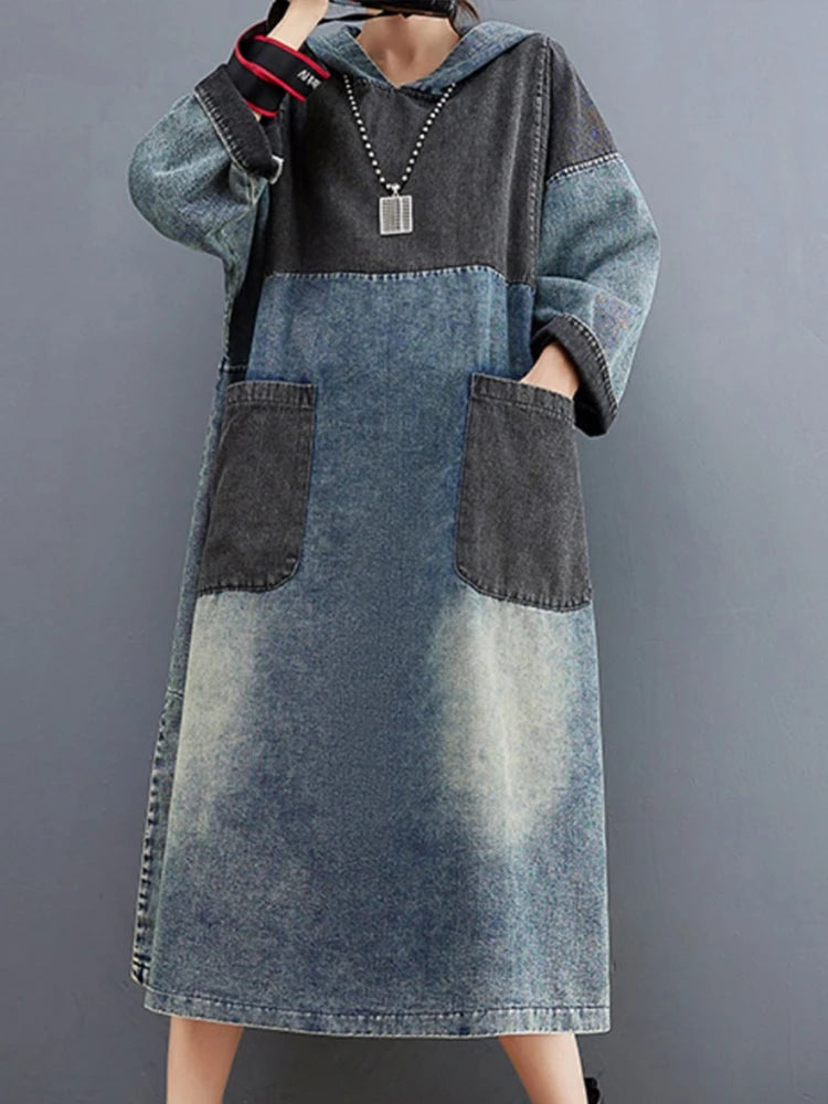 Amax luluE Autumn Womens Loose Vintage Hooded Design Denim Dresses European Style Casual Patchwork Long Vestidos Pockets Dress