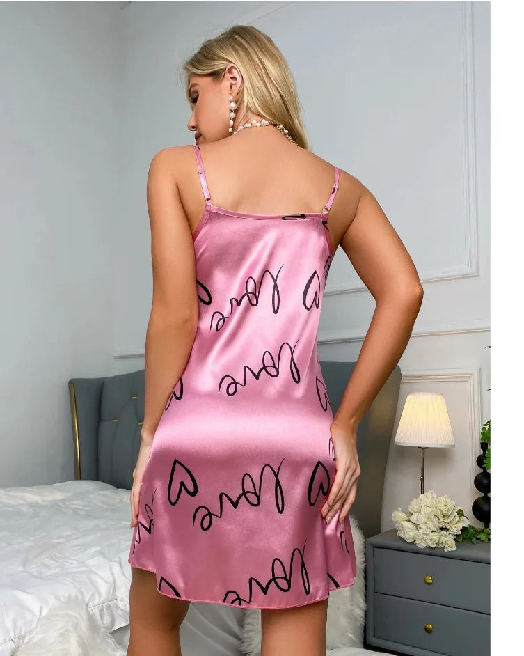 Sleepwear Women's Sexy Lingerie Heart Print Nightdress Scoop Neck Criss Cross Back Sleepdress Nightgowns Pajamas Nighties