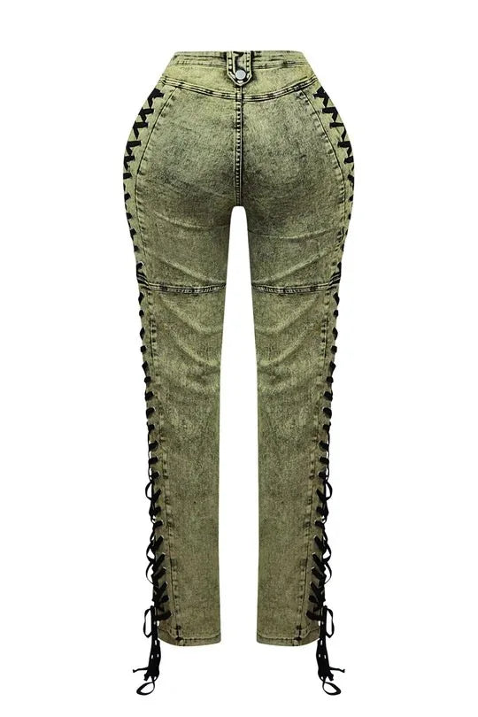 Europe America New Fashionable Women's Straight-leg High-waisted Jeans, Featuring Lace-up Straps and Drawstrings for Hot Girls