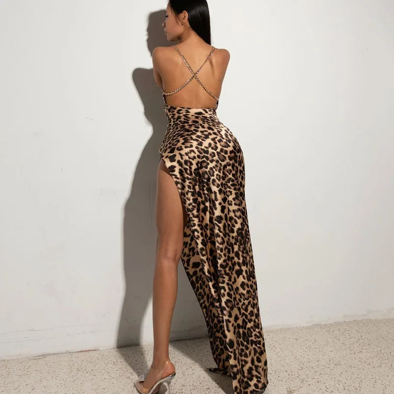Leopard Print Women Chain Strap Side Slit Maxi Dress Backless Bodycon Sexy Streetwear Festival 2024 Evening Elegant