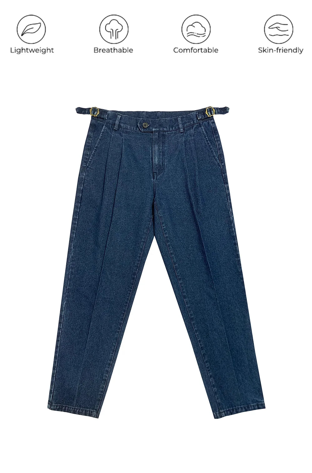 026 Spring Summer Men's Denim Look Woven Trousers, Neapolitan Double Pleat  High Waist Straight Leg Business Dress Pants