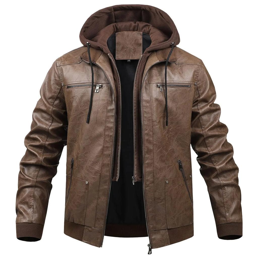 Men Detachable Hood Motorcycle Leather Jackets Quality Male Streetwear Casual PU Leather Coats Two in One Jacket