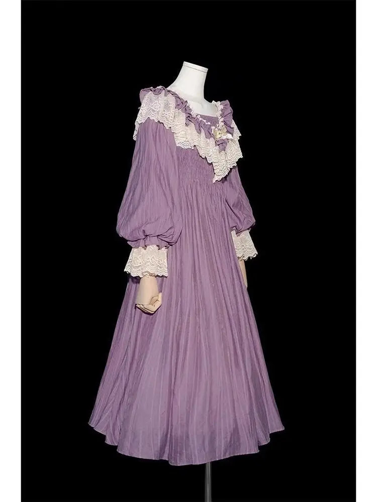 Nicemix Purple Classic Vintage Lantern Sleeve Lolita Dress Spring Lace Spliced Sweet Slimming A-line Dress