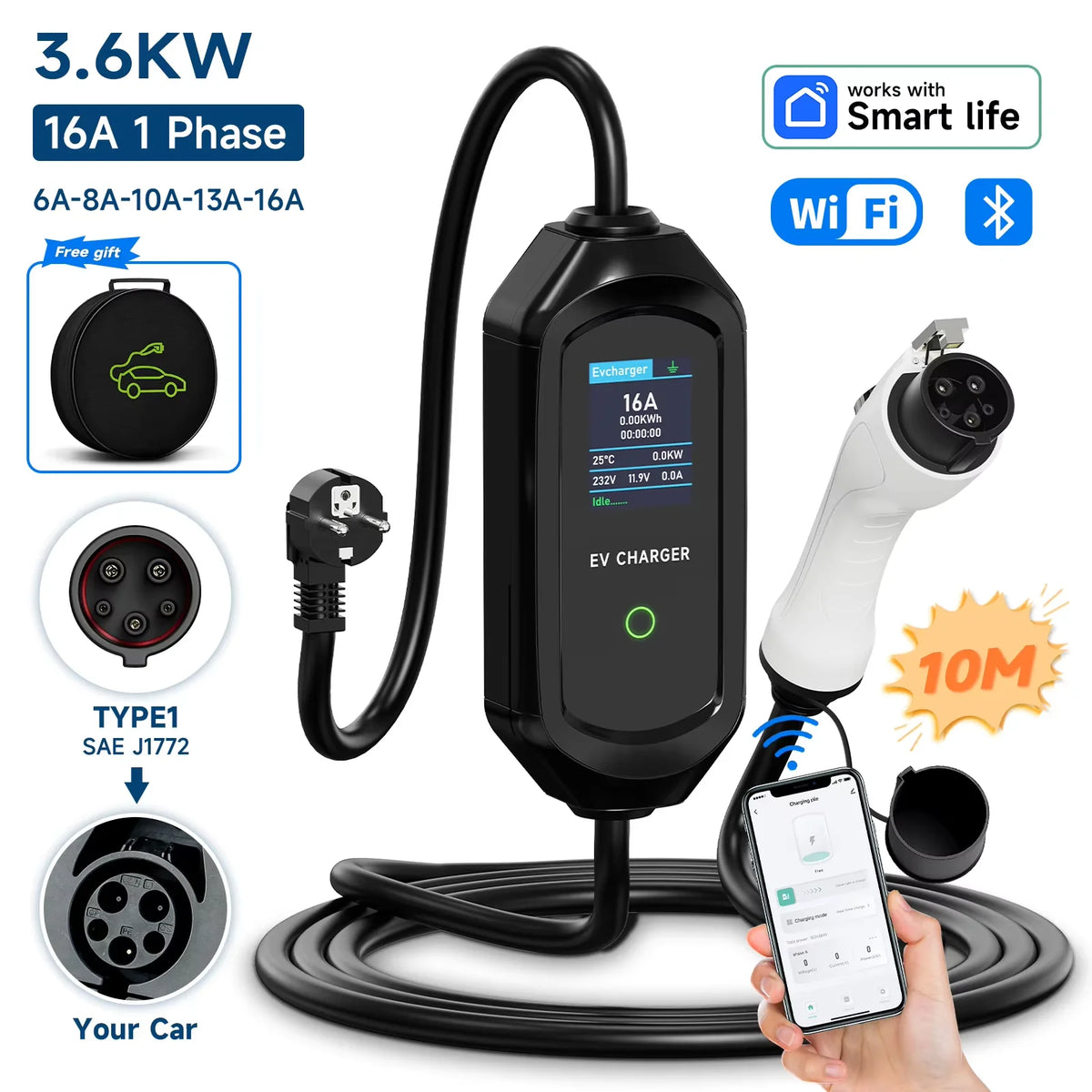 AFYEEV 3600W Portable Type1 SAE J1772 EV Charger GBT Electric Car Charger EVSE Charging Cable EU Plug WiFi Bluetooth APP Control