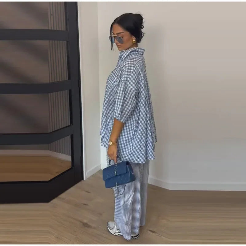 Casual Women's Plaid Blouse Pants Set Loose Lapel Single Breasted Half Sleeve Blouses Wide Leg Pant 2026 Summer Lady Suit