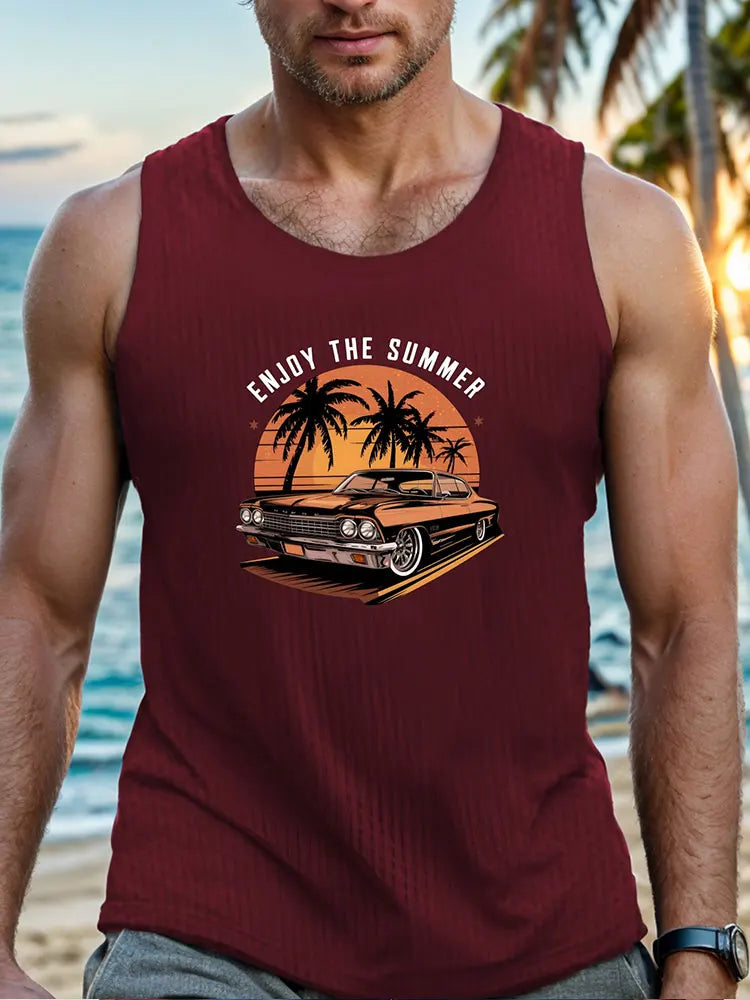 2024 Summer Outdoor Beach Men's Top Hawaiian Style Men's Tank Top Vintage Car Print Tank Top Everyday Casual Sleeveless T-shirt