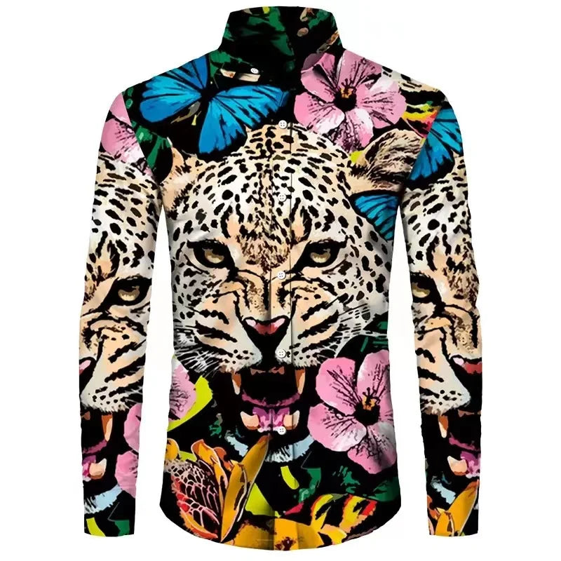 Spring and Autumn Men's Casual Outdoor Luxury Suit Lapel Shirt Long Sleeve Soft Comfortable Material Floral Rose Red HD Pattern
