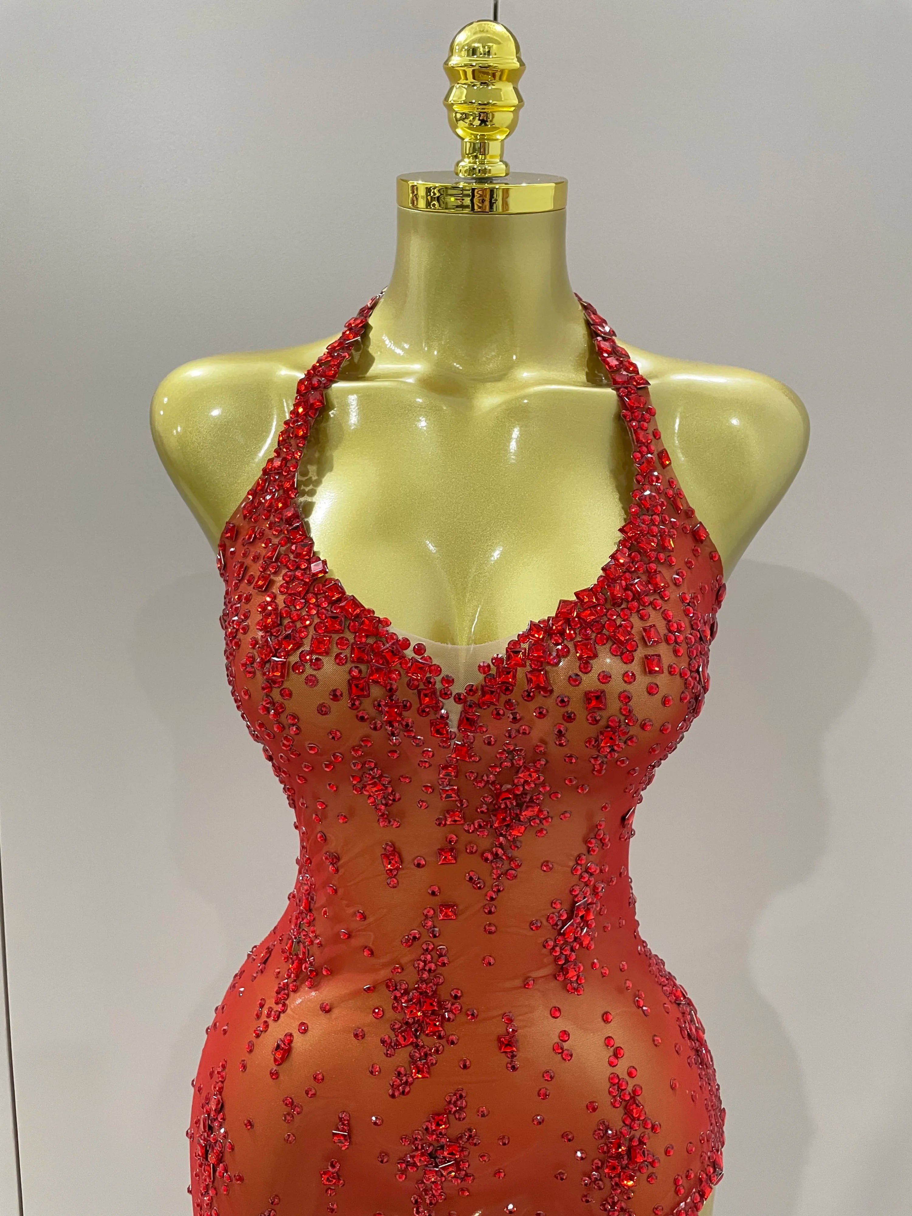 2025 New Sparkly Rhinestone V Neck Stretch Mesh Sexy See Through Dress Women Elegant Party Celebrate Perform Costume Stage Outfi