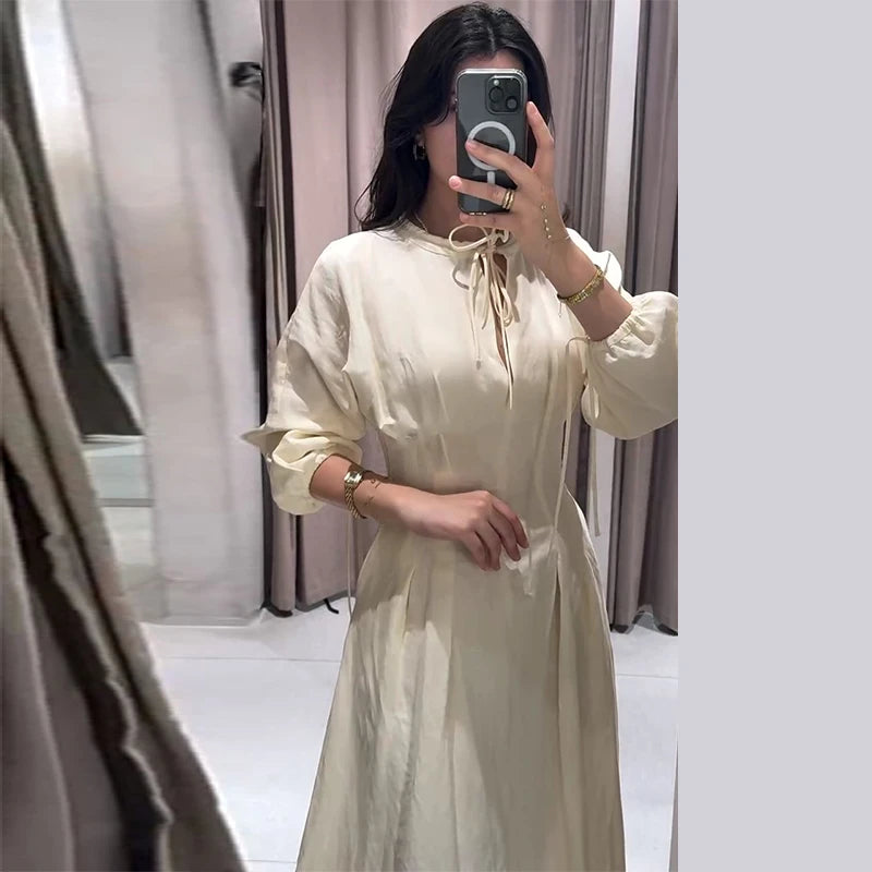 Casual Cotton Midi Dress Women O Neck Lace Up Lantern Sleeves Slim Waist A Line Robe Female 2026 Summer New Chic Solid Dresses