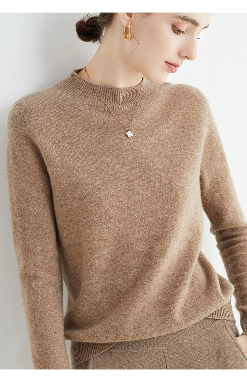 First-Line Seamless Women's Half-Turtleneck 100% Pure Wool Sweater Solid Color Long Sleeve Pullover Knitted Bottoming Sweater