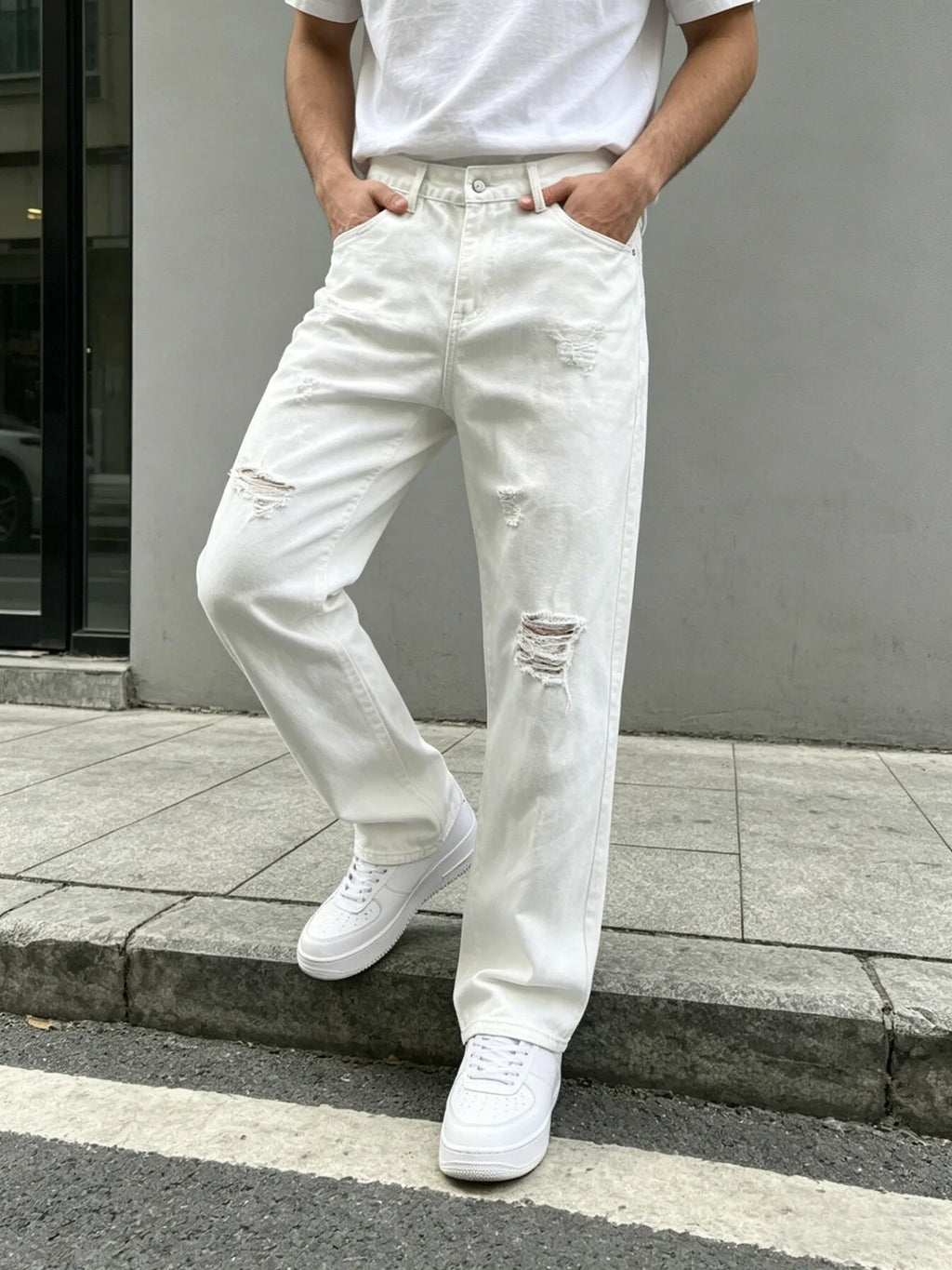 Men Denim Jeans Pants Clothing Trousers Men's White Ripped Loose Straight Leg Denim Jeans Men's White Ripped Jeans Loose Straigh