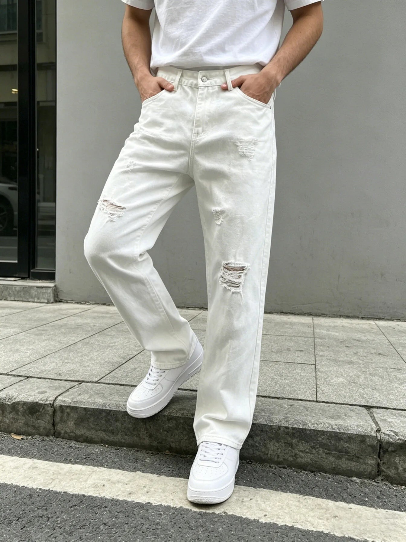 Men Denim Jeans Pants Clothing Trousers Men's White Ripped Loose Straight Leg Denim Jeans Men's White Ripped Jeans Loose Straigh