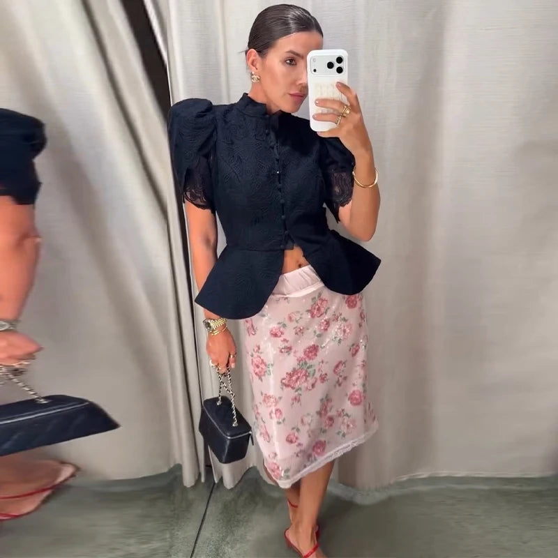 Lace Cutout Peplum Jacket Stand Collar Puff Sleeve Button Front Waist Cinched 2026 Summer Autumn Fashion Women Elegant Top