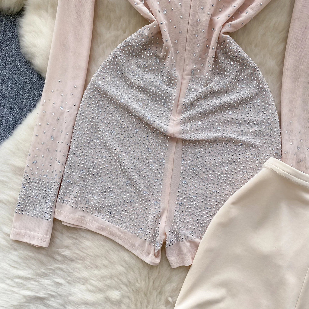 SINGREINY Summer Thin Sheer Sexy Bodysuit Long Sleeve Zipper With Shorts Design Rompers Beadings Streetwear Women Mesh Playsuits