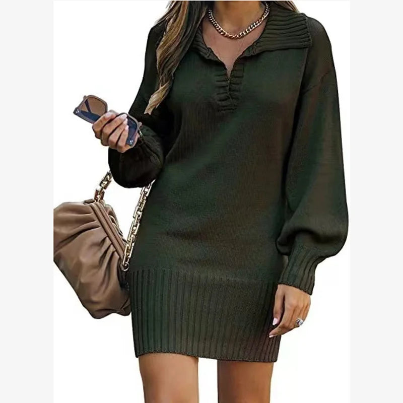 Women's Sweater Mid Length Dresses Fashion Lapel Lantern Sleeve Knit Solid Color Elegant Female Fall Winter Sweater Dress 2024