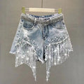 New 2026 Summer Women Heavy Beaded Rhinestone Shorts High Waist Sequin Tassel Ripped Wide Leg Hot Pants