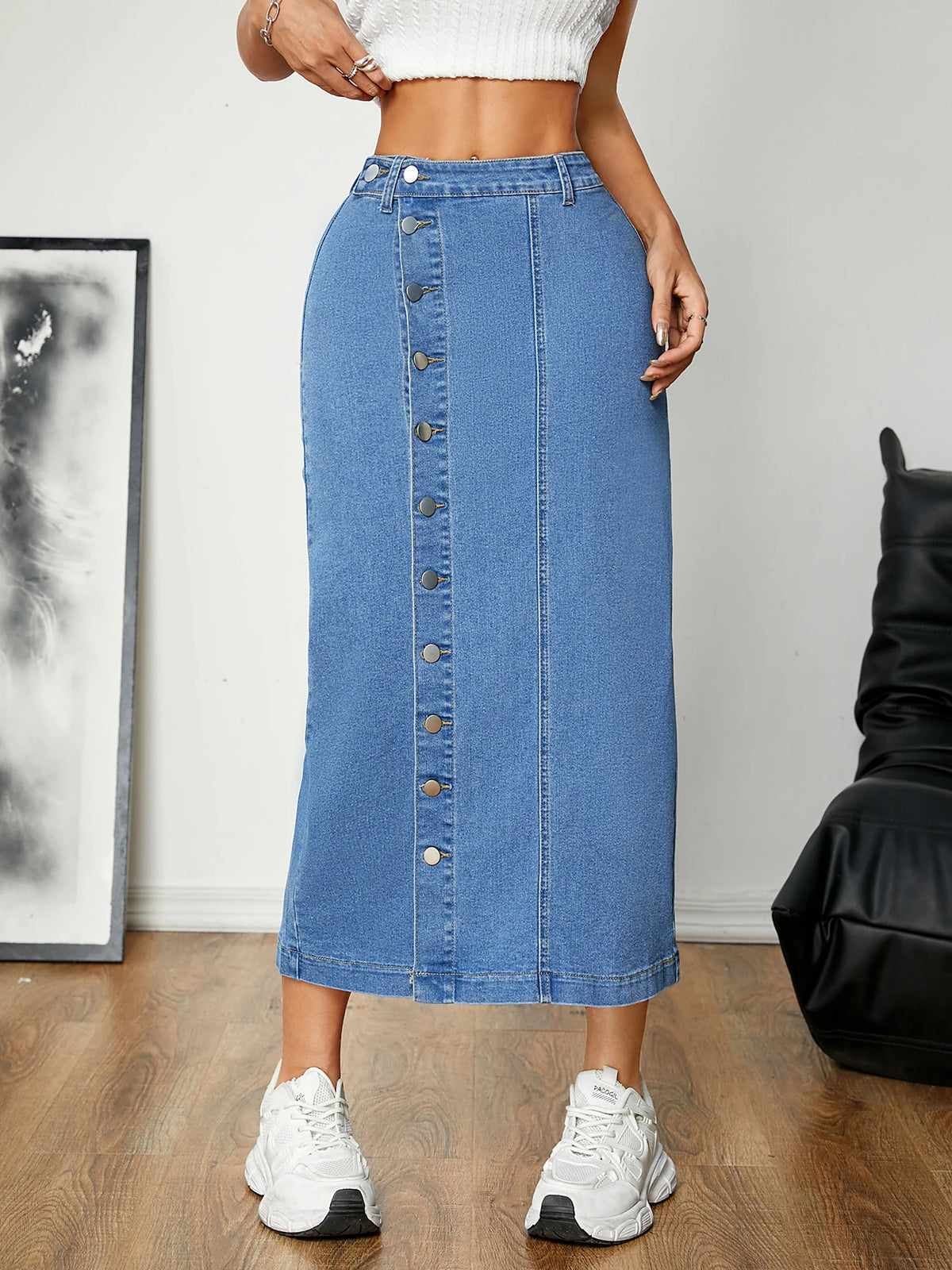 Women's Straight Cut Denim Skirt with Button Details Versatile Buckle Style Elastic Comfortable Mid-Length Casual Skirt