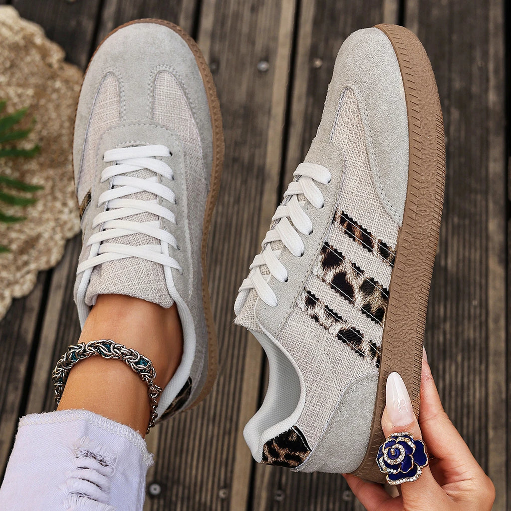 New Leopard Print Casual Sports Shoes for Autumn Winter, Large-sized Lace-up Anti-slip Round-toe Lace-up Women's Single Shoes 74