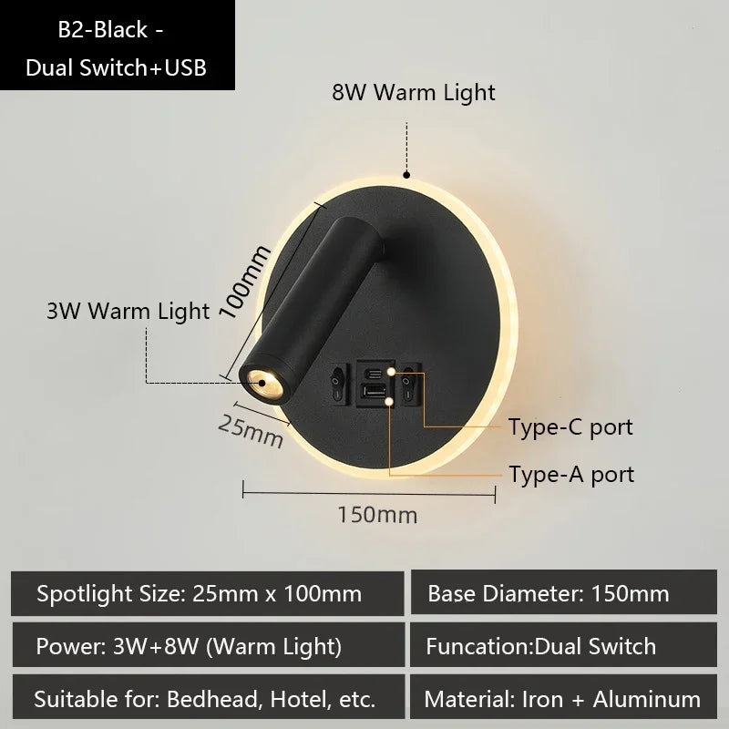 Modern Versatile LED Wall Sconce Lamp with Dual USB Ports Adjustable Side Reading Lights Modern Bedrooms Bedside Lamp