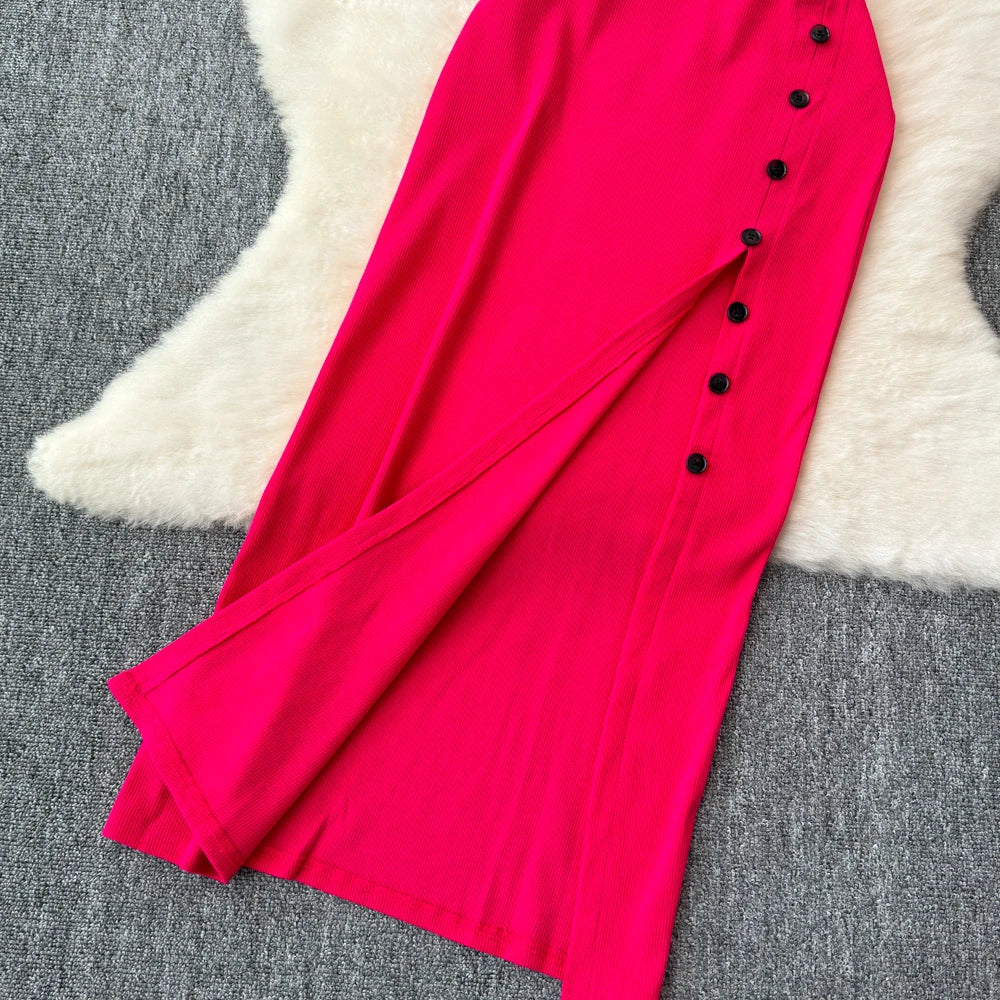 Sexy two Pieces Sets Chic Elegant  v neck slip camis with High Waist Hip Wrap Single Breasted split summer sweet Full Skir